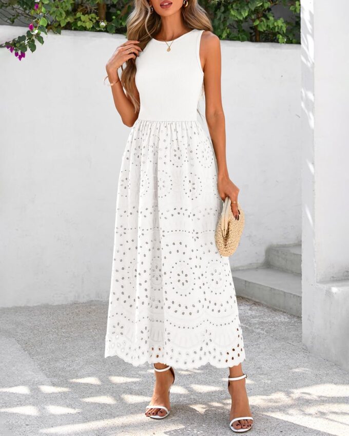 dowerme Women Summer Dresses 2025 Casual Sleeveless Crewneck A-Line Boho Lace Eyelet Cotton Tank Maxi Dress with Pockets – Bild 6