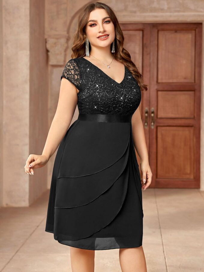 Miusol Women's Plus Size Sequin Lace V Neck Ruffle Tiered Chiffon Cocktail Party Dress – Bild 4