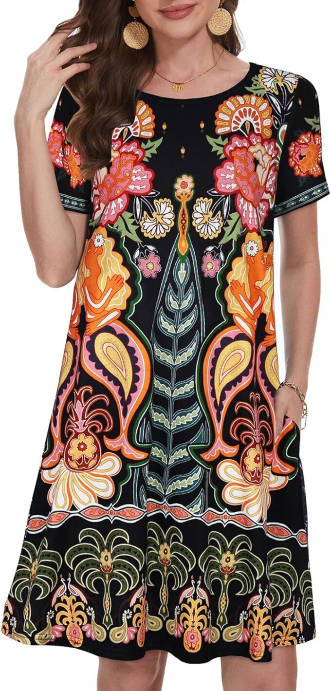 Summer Dresses for Women Casual Tshirt Short Sleeve Floral Sundress Beach Cover Ups with Pockets – Bild 4