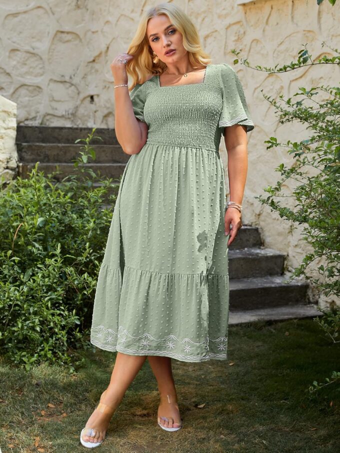 Glamaker Women's Plus Size Summer Casual Short Sleeve Smocked Square Neck A Line Flowy Midi Dress Long Dress – Bild 2
