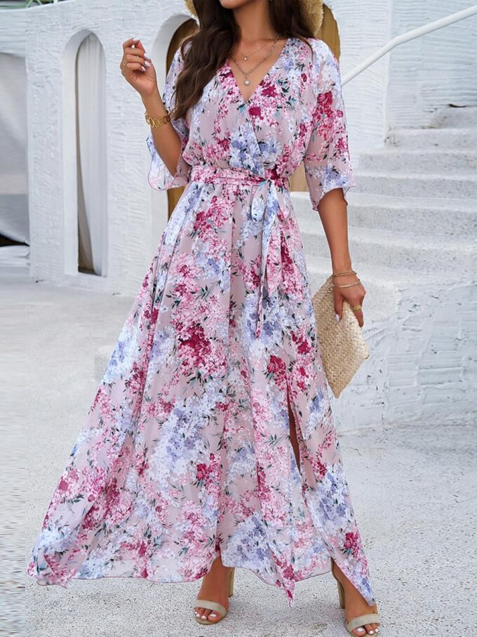 Womens Half Sleeve Wrap V Neck Chiffon Floral Casual Maxi Dress Spring Summer Wedding Guest Dresses for Women 2025 – Bild 4