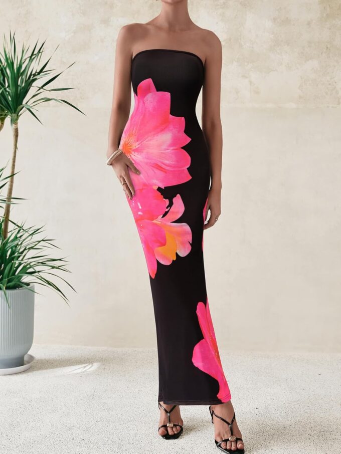 PRETTYGARDEN Women Summer Strapless Maxi Dress Bodycon Floral Sexy Long Wedding Guest Dress Formal Tube Mesh Cocktail Dresses – Bild 5