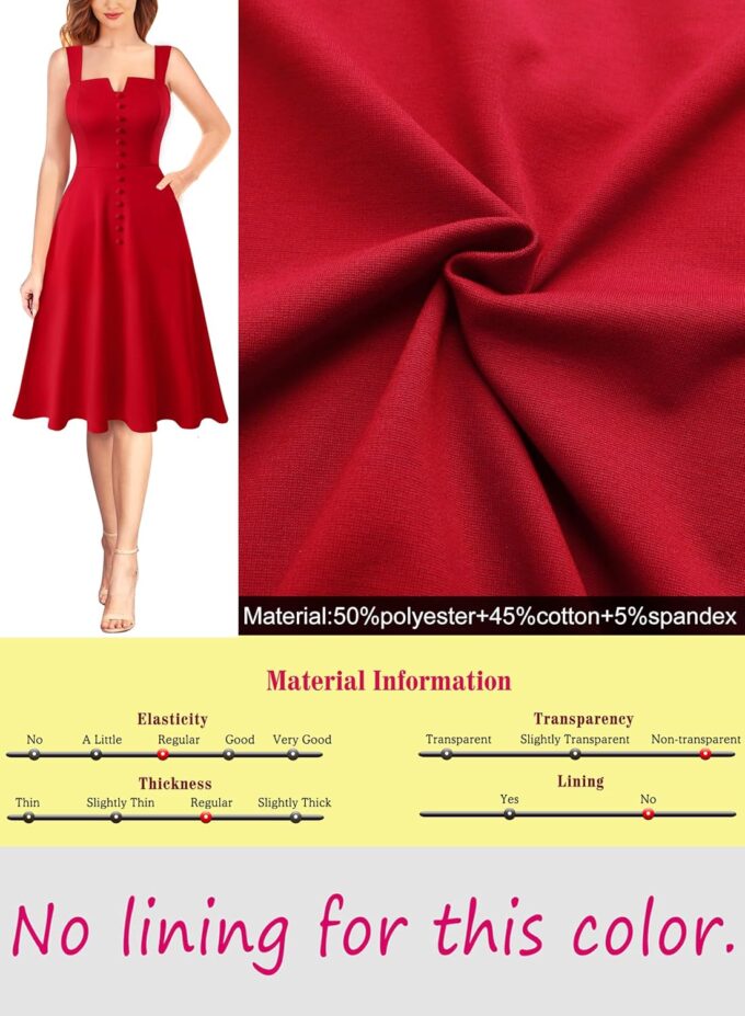 VFSHOW Damen Business-Kleid mit quadratischem Ausschnitt, Knöpfen, Taschen, Arbeit, Büro, elegant, Vintage, Kirche, A-Linie, schwingendes Cami-Kleid – Bild 8