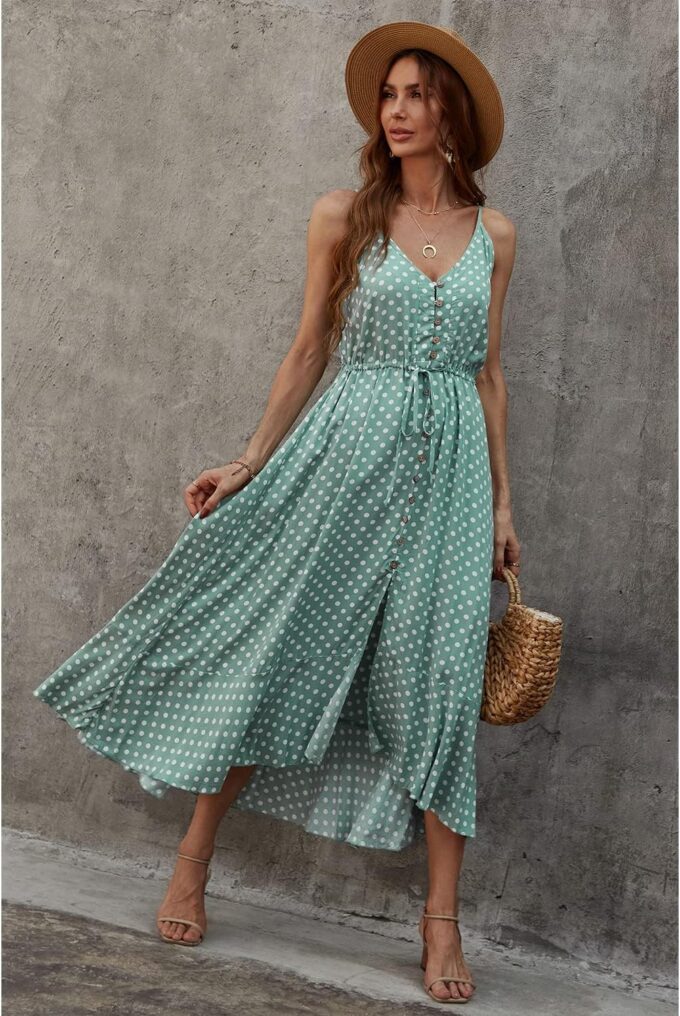 BROVAVE Women's 2025 Summer Casual Boho Sundress Polka Dot Spaghetti Strap V Neck Flowy Midi Dresses – Bild 4