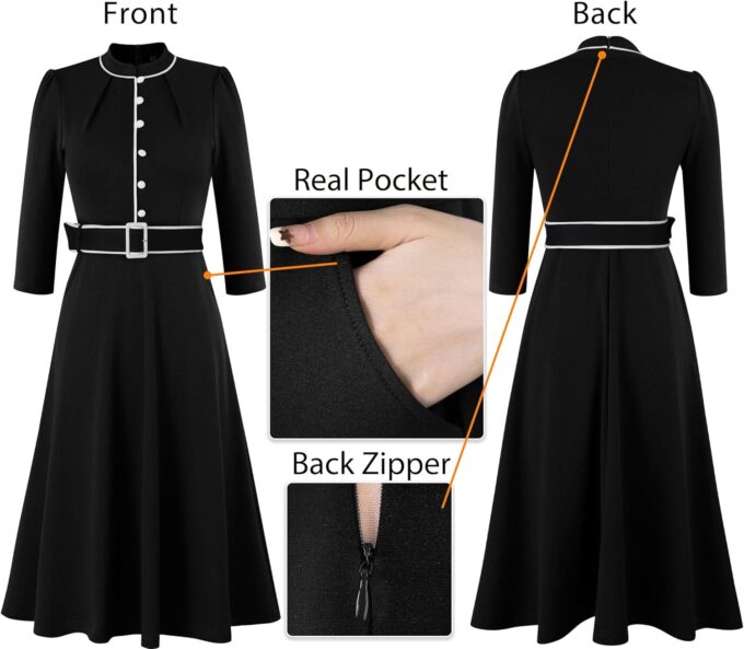 VFSHOW Damen-Kleid 2024, Business, Arbeit, Büro, 3/4-Ärmel, Taschen, Gürtelknöpfe, elegante Passform und ausgestelltes A-Linien-Kleid – Bild 5