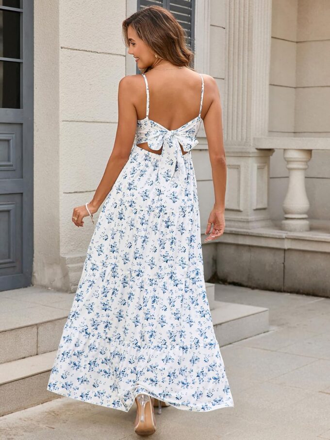 HTZMO Women Casual Summer Floral Maxi Sundress V Neck Spaghetti Strap Bow Tie Backless Flowy Boho Beach Long Dress 2025 – Bild 3