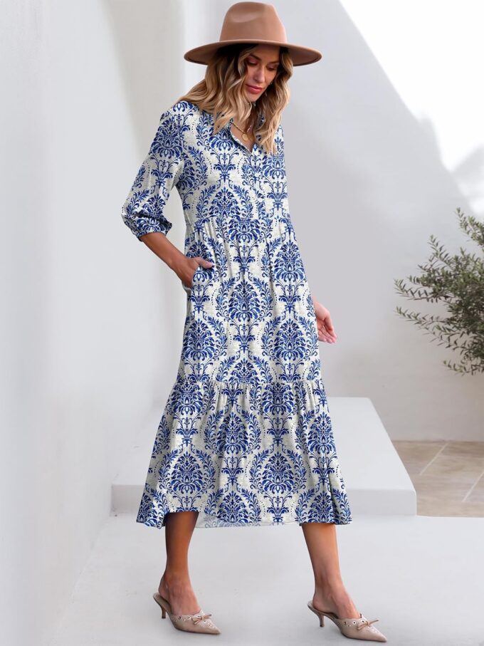 ANRABESS Women Casual 3/4 Puff Sleeve Polo V Neck Floral Printed Flowy Swing Loose Summer Boho Maxi Shirt Dresses – Bild 7