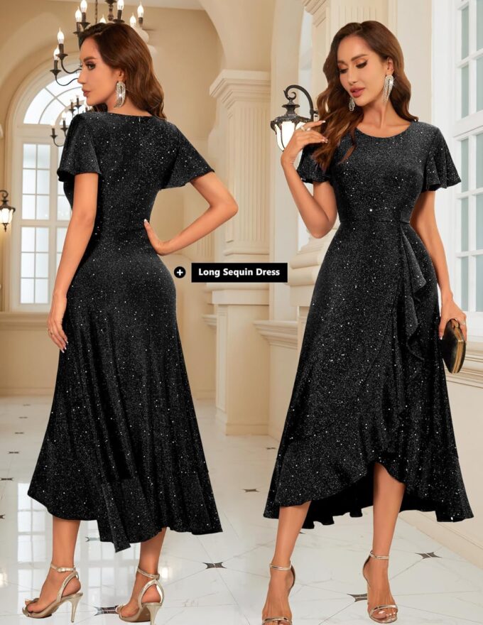 BeryLove Women Sequin Formal Party Dress Flutter Short Sleeve Wedding Cocktail Long Evening Dress – Bild 2