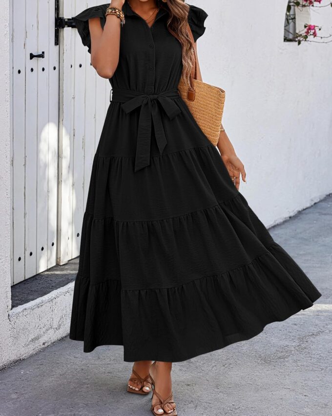dowerme Women's Summer Casual Dresses 2025 Cap Ruffle Sleeve V Neck Button Belted Tiered Boho Maxi Dress with Pockets – Bild 4
