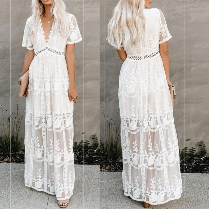 Womens Deep V Neck Short Sleeve Floral Lace Dress Long Bridesmaid Maxi Dresses – Bild 6