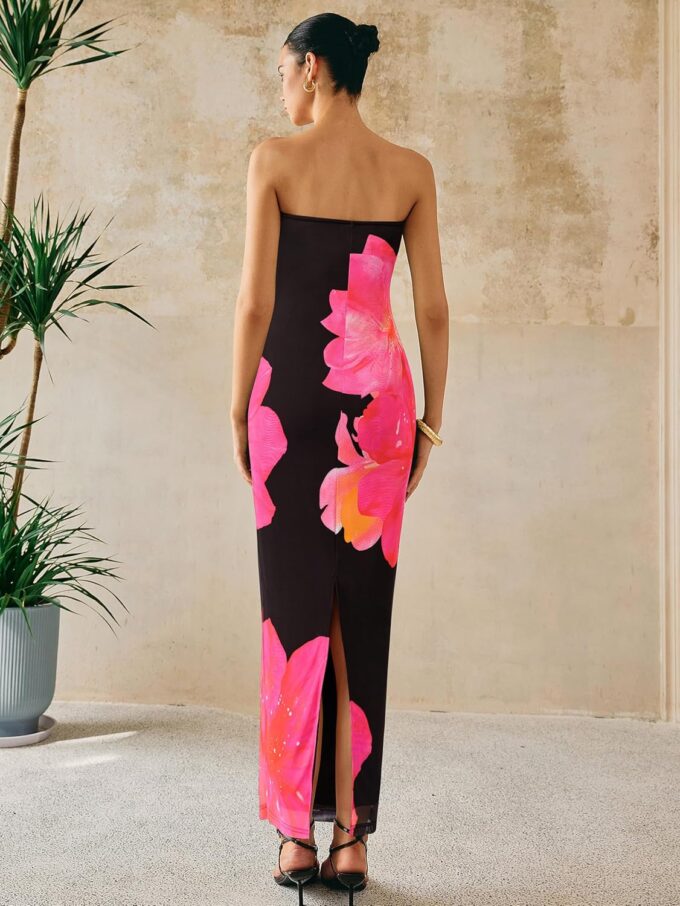 PRETTYGARDEN Women Summer Strapless Maxi Dress Bodycon Floral Sexy Long Wedding Guest Dress Formal Tube Mesh Cocktail Dresses – Bild 6