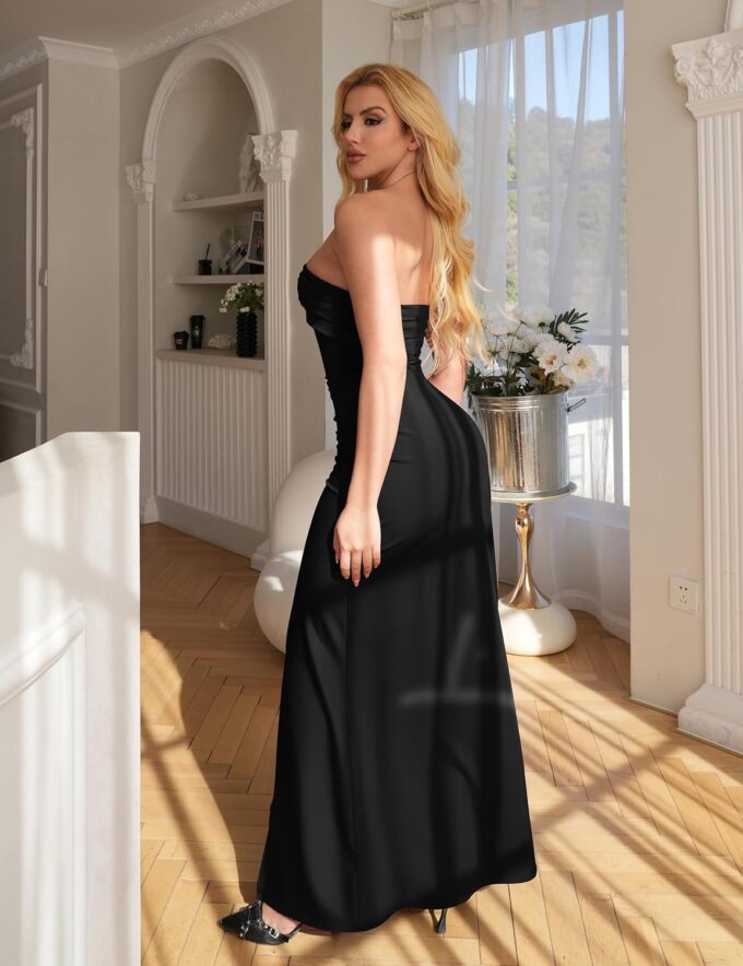 YMDUCH Women's Elegant Strapless Bodycon Ruched Ruffle High Split Long Formal Evening Dress – Bild 2