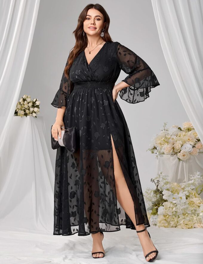 Women's V Neck Floral Dress Bell Half Sleeve Smocked Waist Side Split Flowy A Line Maxi Wedding Guest Dresses – Bild 5
