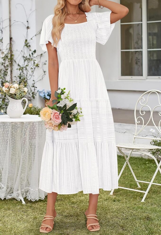 MEROKEETY Women's 2025 Summer Flowy Midi Maxi Dress Short Sleeve Square Neck Smocked Tiered Ruffle Boho Dresses with Pockets – Bild 4