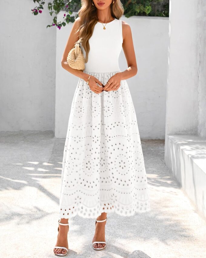 dowerme Women Summer Dresses 2025 Casual Sleeveless Crewneck A-Line Boho Lace Eyelet Cotton Tank Maxi Dress with Pockets – Bild 8