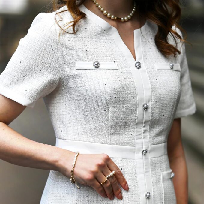 GOELIA Minikleid mit V-Ausschnitt, kurze Ärmel, schmale Passform, silberfarbene Pailletten, Tweed-Kleid, Arbeit, Abendessen, Business – Bild 2