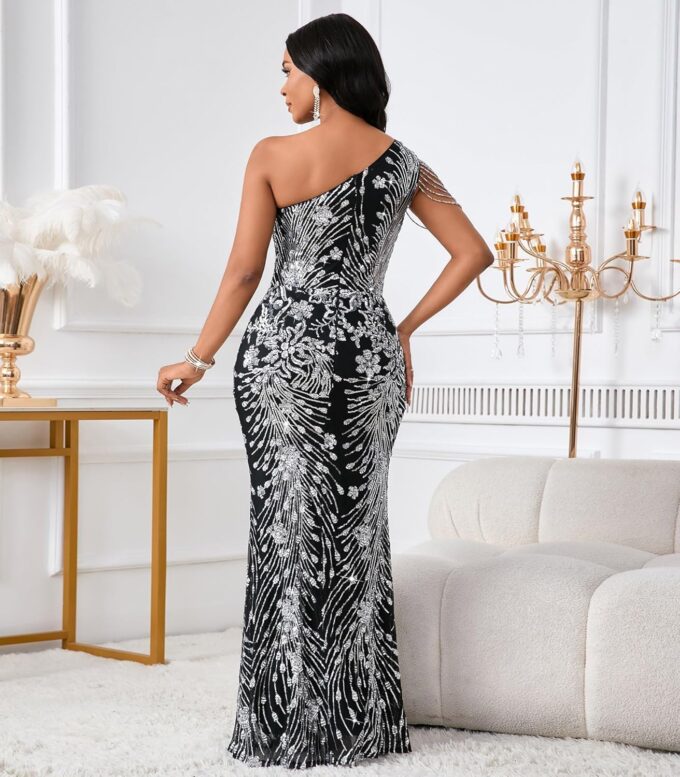 Cololura Women Sequin Elegant Sexy One Shoulder Tassel Mermaid Bodycon Cocktail Evening Dress – Bild 5