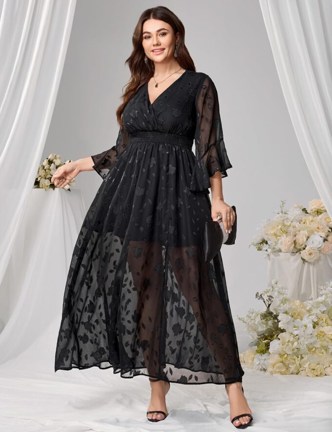 Women's V Neck Floral Dress Bell Half Sleeve Smocked Waist Side Split Flowy A Line Maxi Wedding Guest Dresses – Bild 3