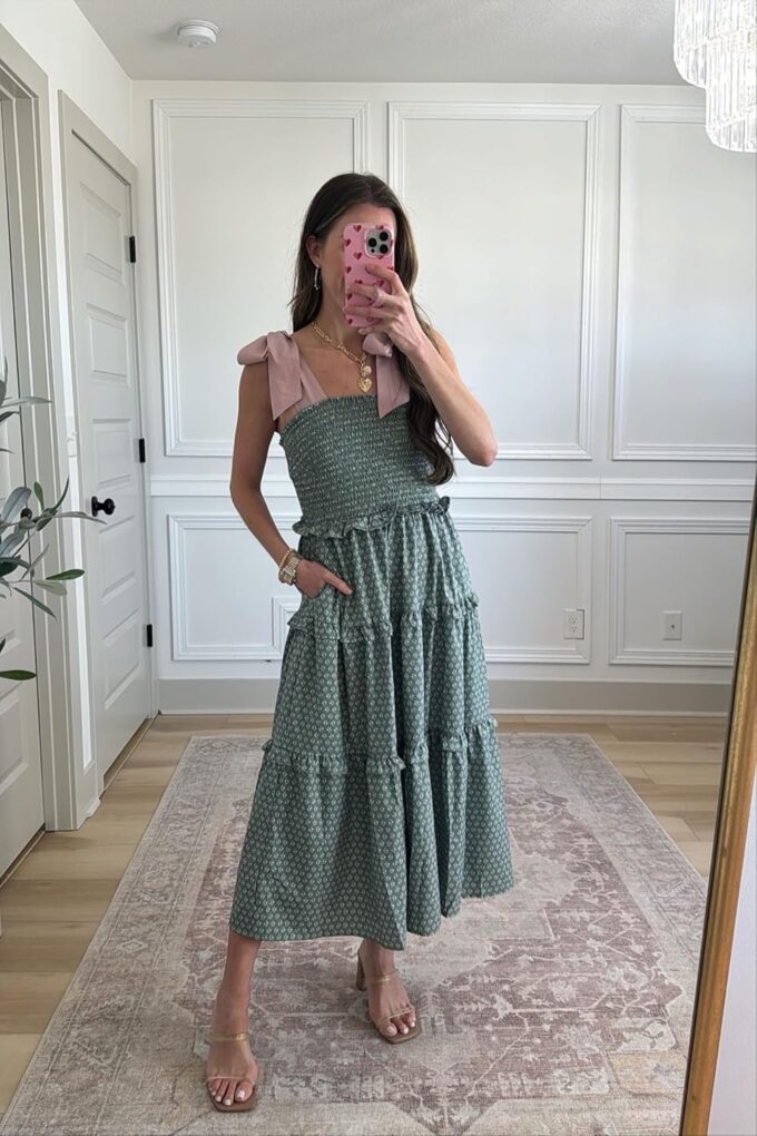Wenrine Womens Summer Floral Maxi Dress Smocked Tie Shoulder Boho Sleeveless Ruffle Tiered Casual Beach Dresses – Bild 4