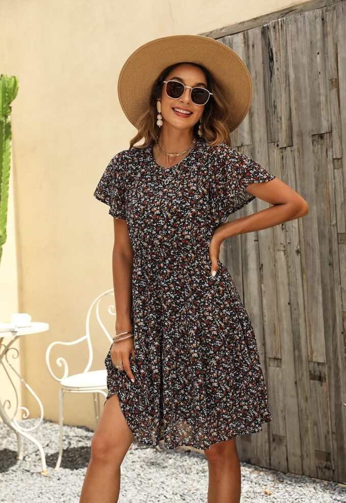 Manydress Women's Chiffon Floral Dresses Casual Summer Boho Flutter Sleeve Flowy Skater Western Dress MY112 – Bild 5