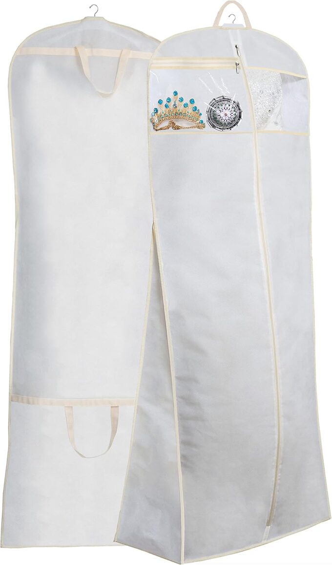 MISSLO Brautkleider Kleidersack in voller Länge Kleiderhülle Brautjungfer Mäntel Kleid Schutz mit Extra Tasche Aufbewahrung Zwickel Hängende Kleiderträge 178 cm (Weiß)