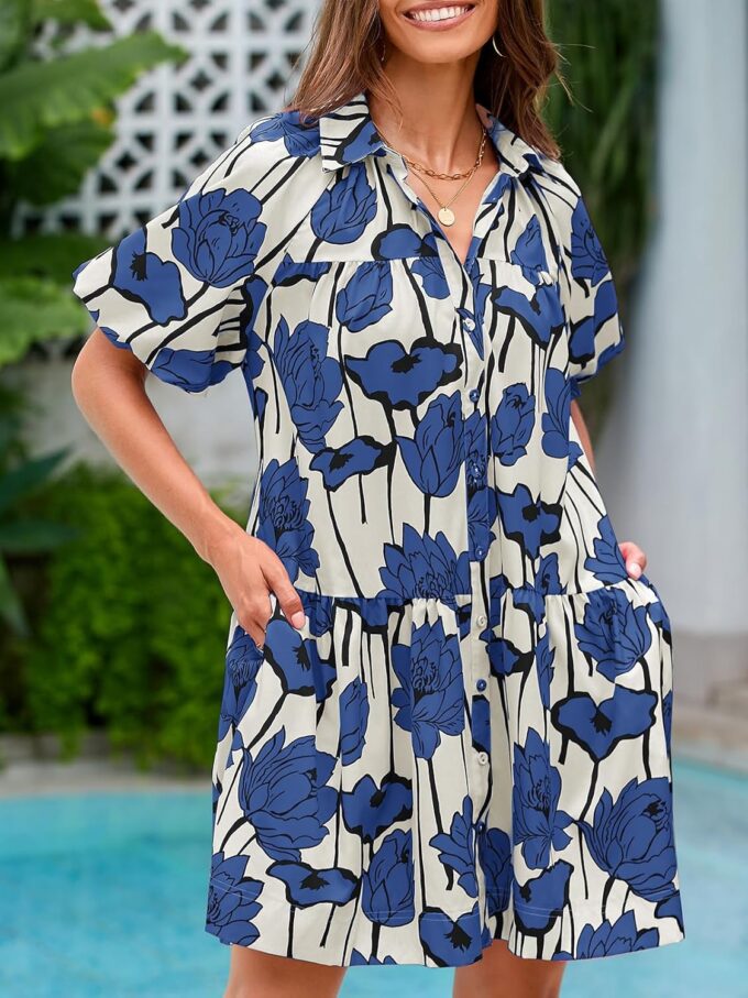 Wenrine Women's Summer Button Down Shirt Dress Floral Puff Short Sleeve Casual Loose Fit Beach Mini Dresses – Bild 3