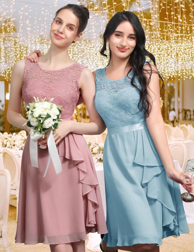 BeryLove Women's Cocktail Dresses Prom Wedding Guest Short Bridesmaid Dresses Ruffle Hem Sleeveless Lace Formal Dress – Bild 3