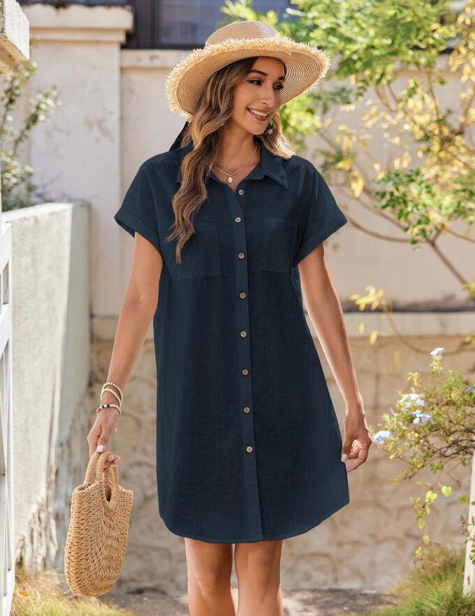 Zeagoo Women's Summer Dress 2025 Cotton Button Down Short Sleeve Tshirt Dresses Casual Flowy V Neck Loose Mini Beach Dress – Bild 3