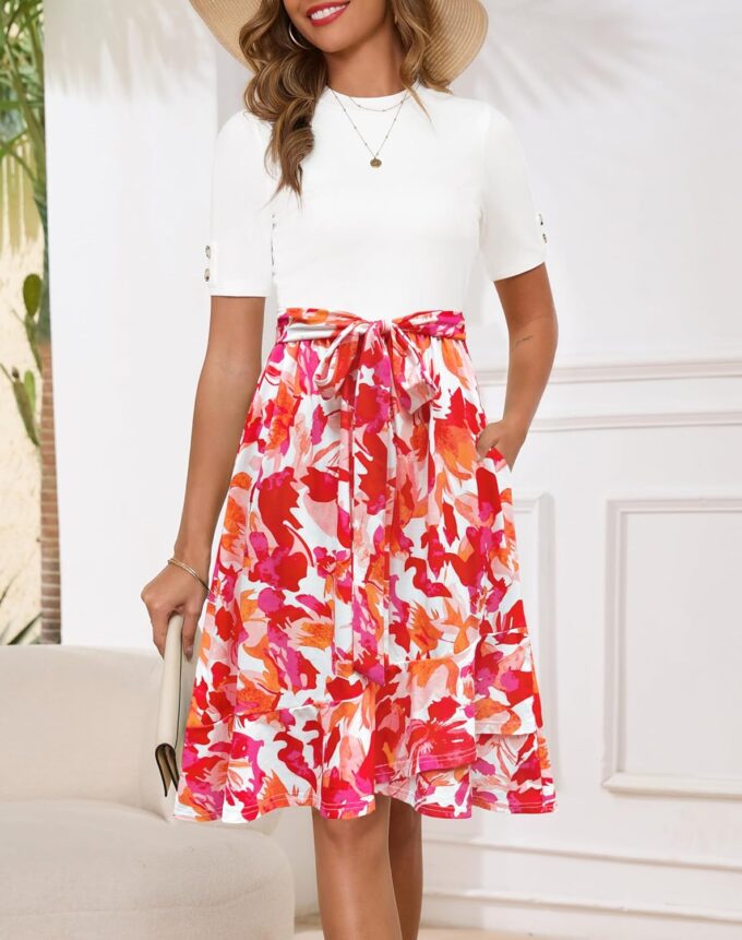 Annebouti Damen-Midikleid 2025, kurzärmelig, für Frühling und Sommer, gerippt, halbformell, für Lehrer, Freizeit, Arbeit, Midi-Kleid mit Taschen – Bild 2