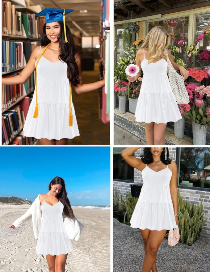 Nova In Sky Womens Summer Dresses 2025 Flowy Boho V-Neck Beach Sundresses Spaghetti Strap Tiered Mini Swing Skater Dress – Bild 4