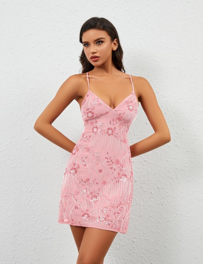 Women Sequin Sparkly Rhinestone Mini Dress Sleeveless Backless Deep V Neck Glitter Short Cami Dress Party Clubwear – Bild 4