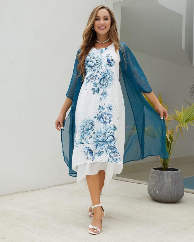 Honwenle Women's Linen Dress 2 Piece Outfit Floral Sleeveless Loose Maxi Summer Dresses with Jacket Formal Casual – Bild 2