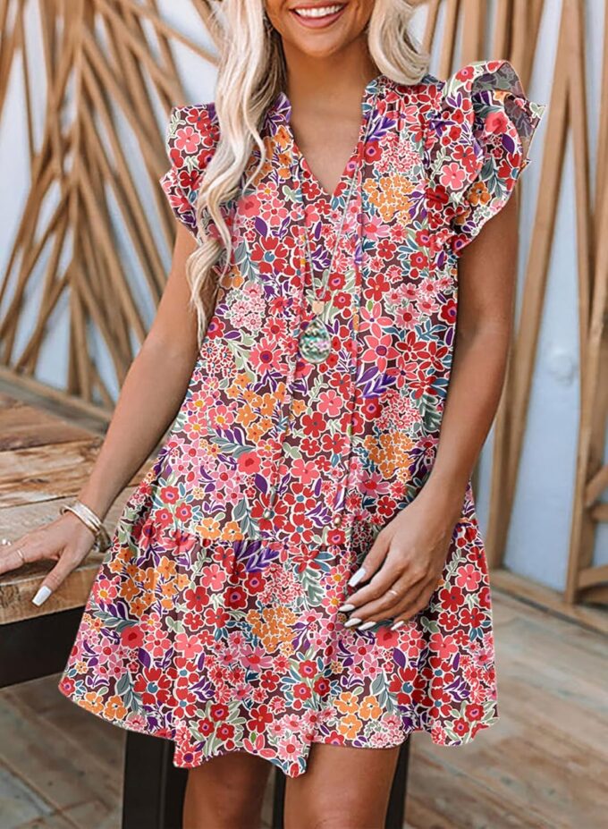 Dokotoo Womens Summer Dresses 2025 V-Neck Drawstring Ruffle Cap Short Sleeve Side Pockets Mini Dress Sundress – Bild 4