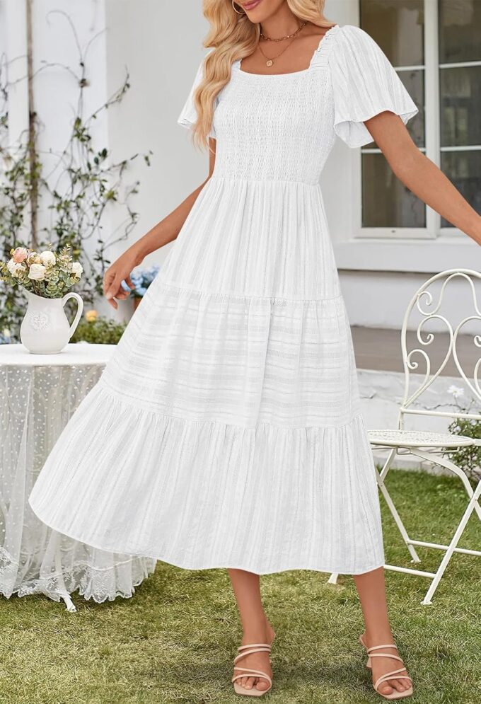 MEROKEETY Women's 2025 Summer Flowy Midi Maxi Dress Short Sleeve Square Neck Smocked Tiered Ruffle Boho Dresses with Pockets – Bild 5