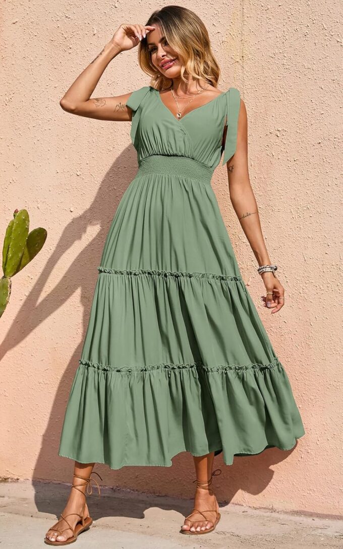 PRETTYGARDEN Women's Cross Neck Summer Sleeveless Tiered Maxi Dress Beach Tie Strap Smocked Long Dresses Pleated Sundress – Bild 6