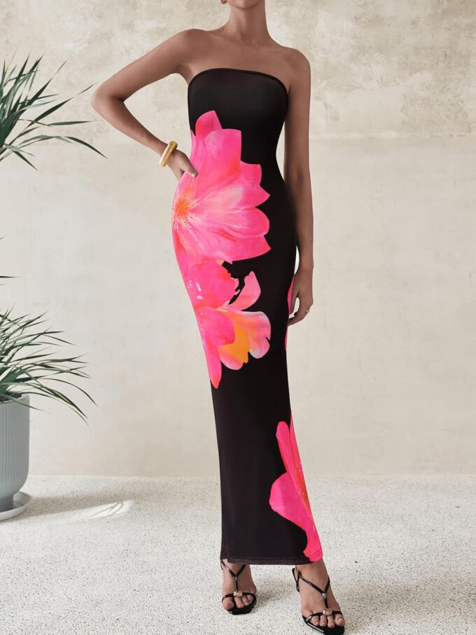 PRETTYGARDEN Women Summer Strapless Maxi Dress Bodycon Floral Sexy Long Wedding Guest Dress Formal Tube Mesh Cocktail Dresses – Bild 2