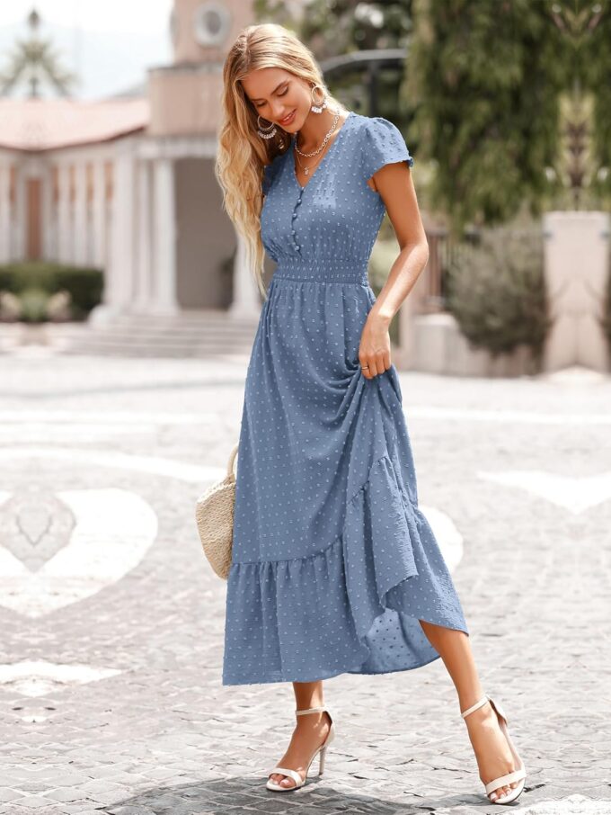 PRETTYGARDEN Womens Dresses 2025 Summer Maxi Dress Boho Short Sleeve V Neck Swiss Dot Ruffle Tiered Smocked Flowy Long Dress – Bild 4