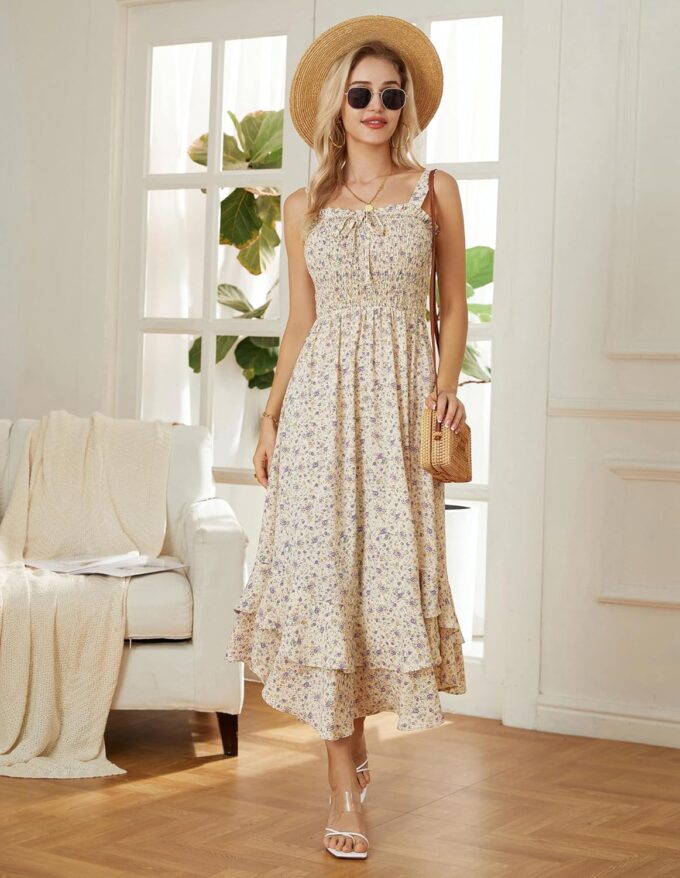 GRACE KARIN Women's 2025 Summer Floral Boho Dress Square Neck Strapped Swing A Line Sundress Beach Long Maxi Outfits – Bild 6