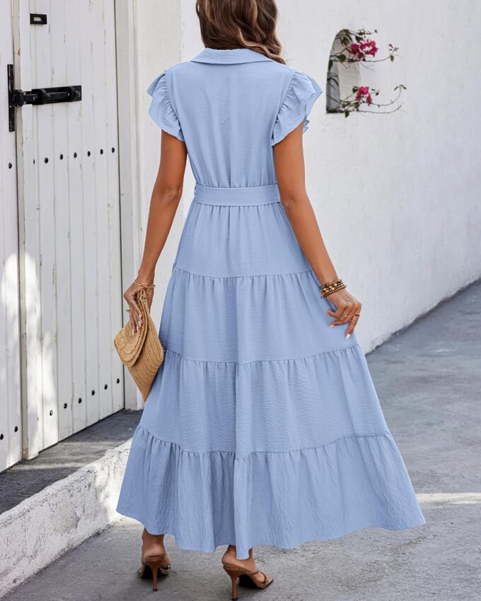 dowerme Women's Summer Casual Dresses 2025 Cap Ruffle Sleeve V Neck Button Belted Tiered Boho Maxi Dress with Pockets – Bild 5