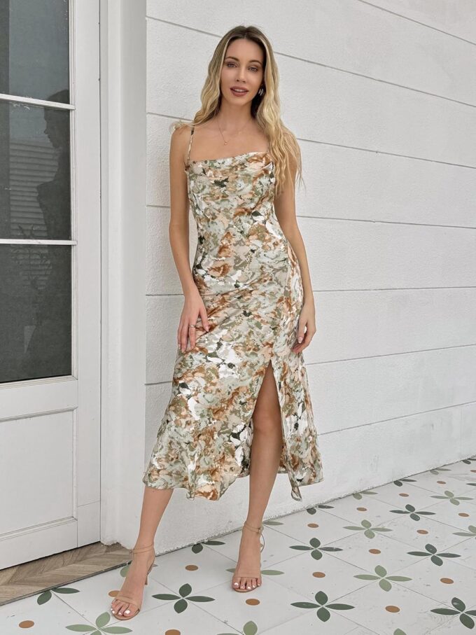 Wedding Guest Dress for Women Spaghetti Strap Satin Slip Cocktail Formal Midi Evening Party Dresses – Bild 3