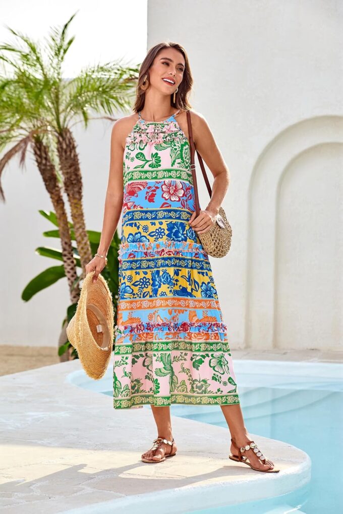 GRACE KARIN Women's Maxi Boho Dress Casual Summer Loose Long Floral Sundresses Flowy Halter Tiered Beach Vacation Outfits – Bild 3