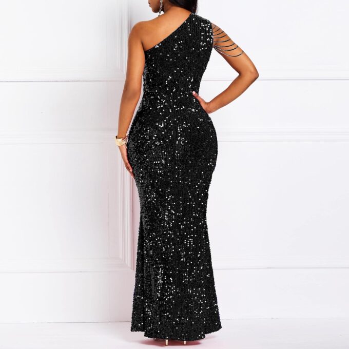 Cololura Women Sequin Elegant Sexy One Shoulder Tassel Mermaid Bodycon Cocktail Evening Dress – Bild 3