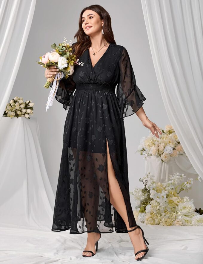Women's V Neck Floral Dress Bell Half Sleeve Smocked Waist Side Split Flowy A Line Maxi Wedding Guest Dresses – Bild 6