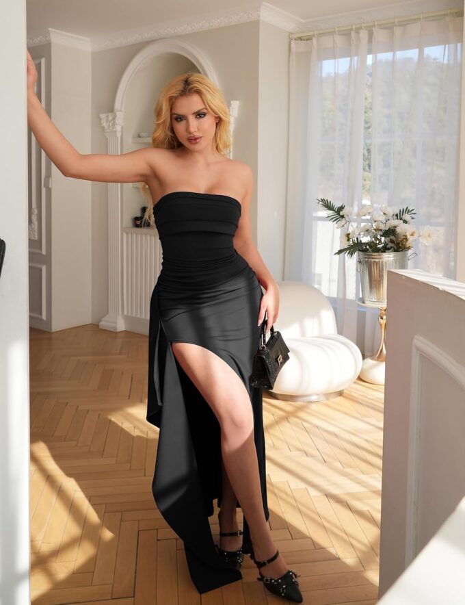 YMDUCH Women's Elegant Strapless Bodycon Ruched Ruffle High Split Long Formal Evening Dress – Bild 3
