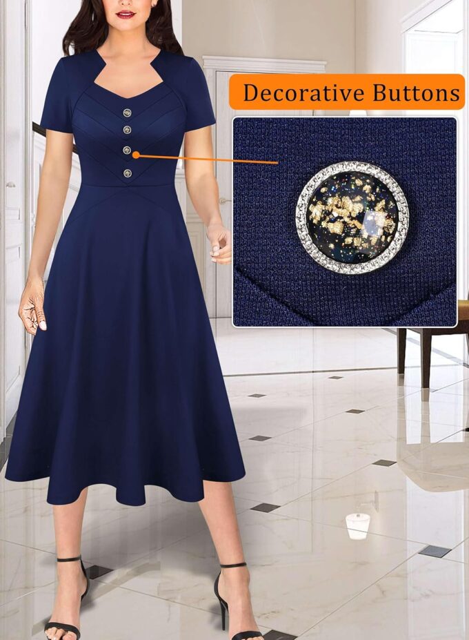 VFSHOW Damenkleid im Vintage-/Retro-Stil, Knöpfe, Business-, Arbeits-, Büro-, A-Linie, Midi-Kleid, quadratischer Ausschnitt, schmal, professionelle Passform und ausgestelltes Kleid – Bild 2