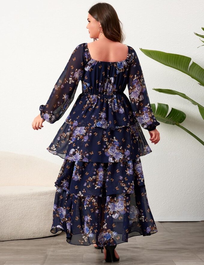 Womens Plus Size Floral Tiered Ruffle Long Sleeve Evening Party Wedding Guest Dress – Bild 6