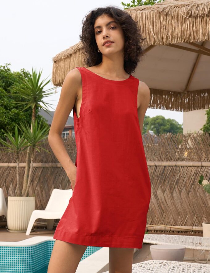 Womens Summer Crew Neck Sleeveless Open Back Dress Casual Beach Sunshine Cotton Linen Mini Dress – Bild 3