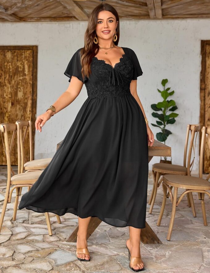 Women's Plus Size Lace Maxi Dress Short Sleeve V Neck Flowy Empire Waist Smocked Back Wedding Guest Dress – Bild 6