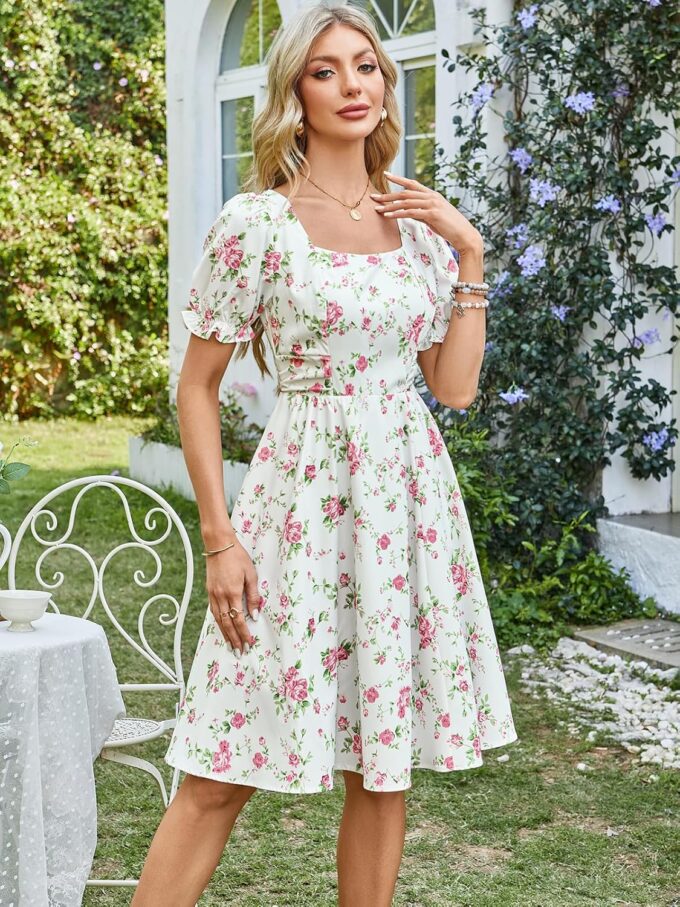 Belle Poque Vintage Dress for Women 1950s Cottagecore Cocktail Dresses Square Neck Puff Sleeve Dress with Pockets – Bild 3