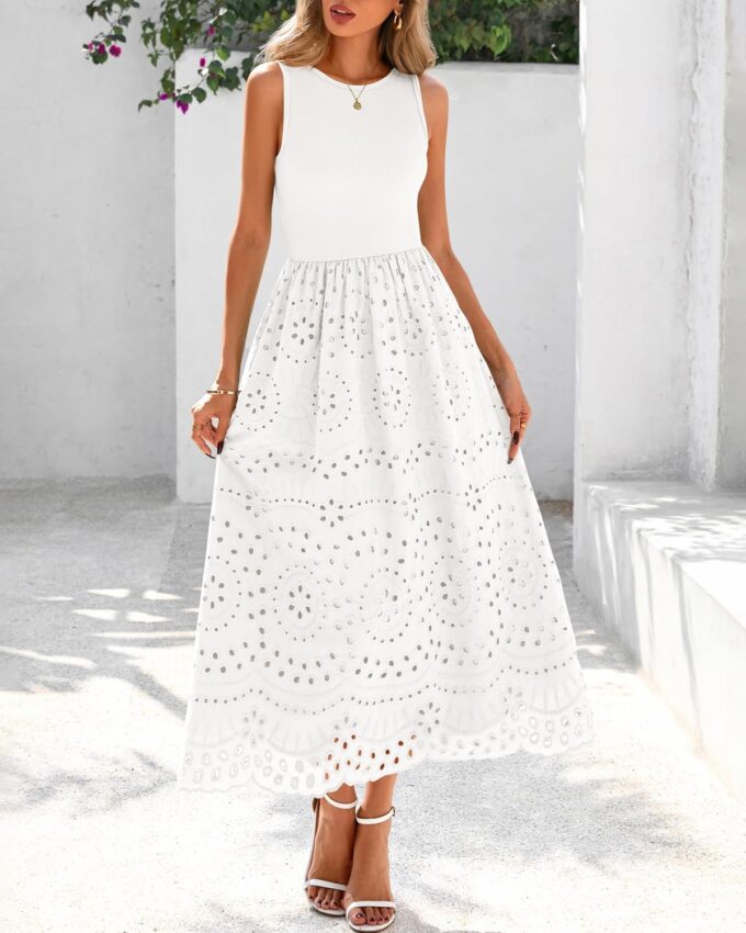 dowerme Women Summer Dresses 2025 Casual Sleeveless Crewneck A-Line Boho Lace Eyelet Cotton Tank Maxi Dress with Pockets – Bild 7